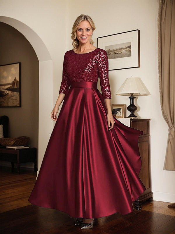 Glitzerndes marineblaues Satin Kleid mit Rundhalsausschnitt und Pailletten für die Mutter der Braut