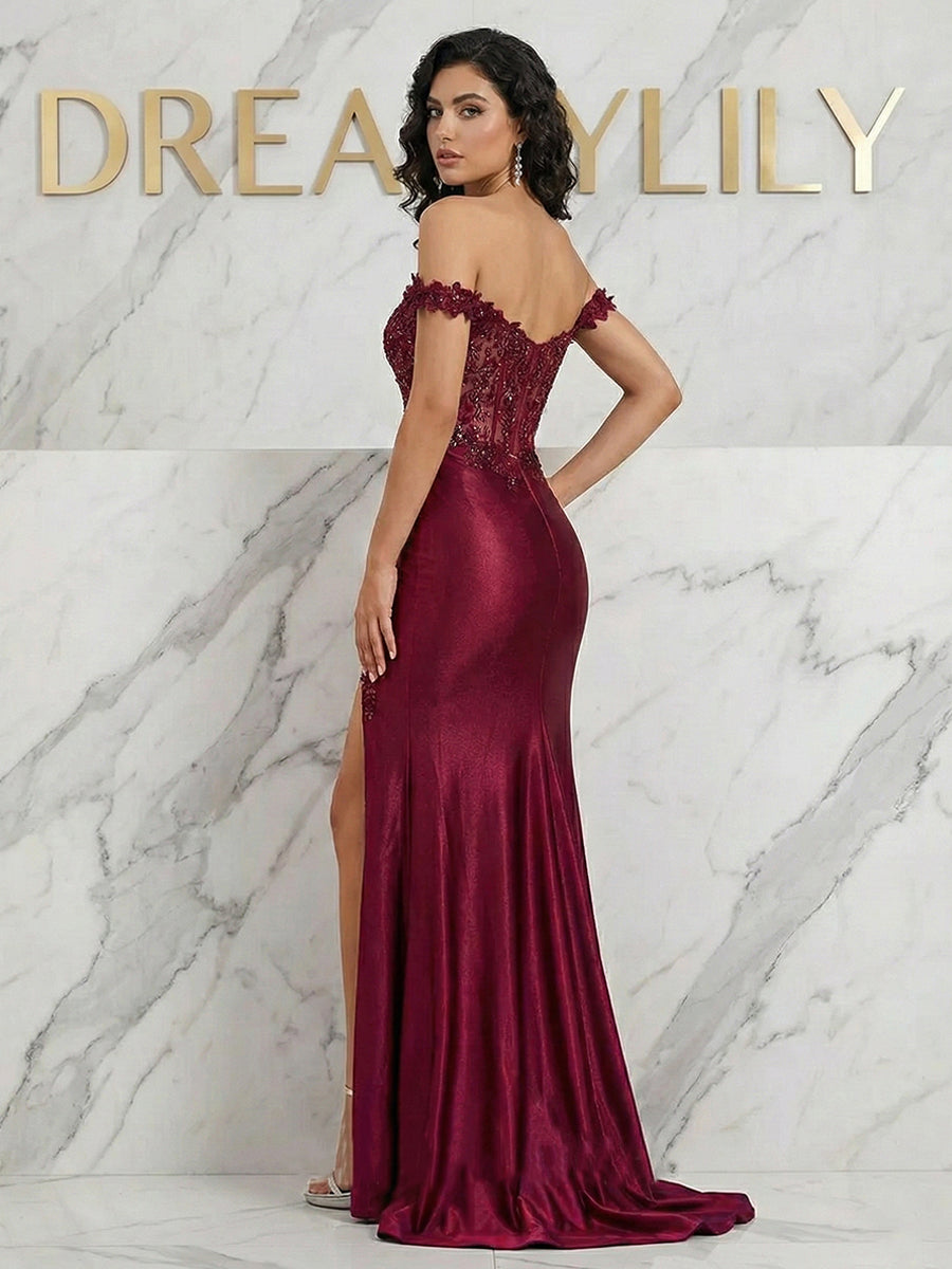 Bordeaux schulterfreies Spitzen Korsett Abschlussballkleid mit Schlitz