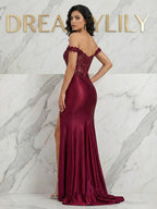 Bordeaux schulterfreies Spitzen Korsett Abschlussballkleid mit Schlitz