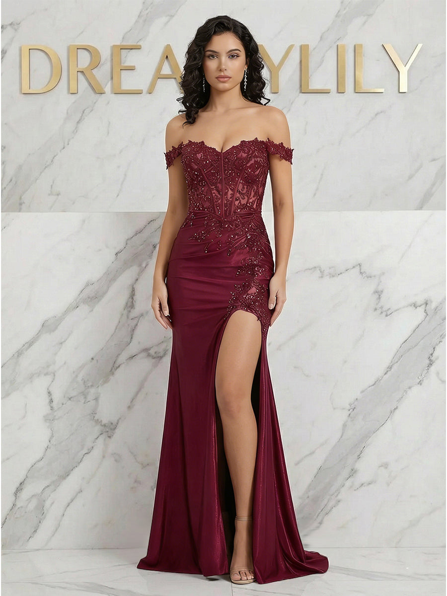 Bordeaux schulterfreies Spitzen Korsett Abschlussballkleid mit Schlitz
