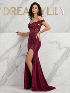 Bordeaux schulterfreies Spitzen Korsett Abschlussballkleid mit Schlitz