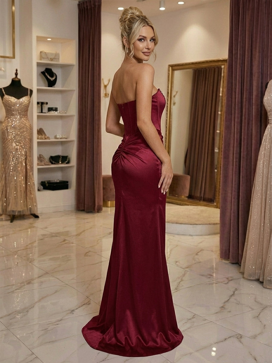 Burgundy Satin Corset Rhinestone Trim Floor-Length Prom Dress with Thigh Slit