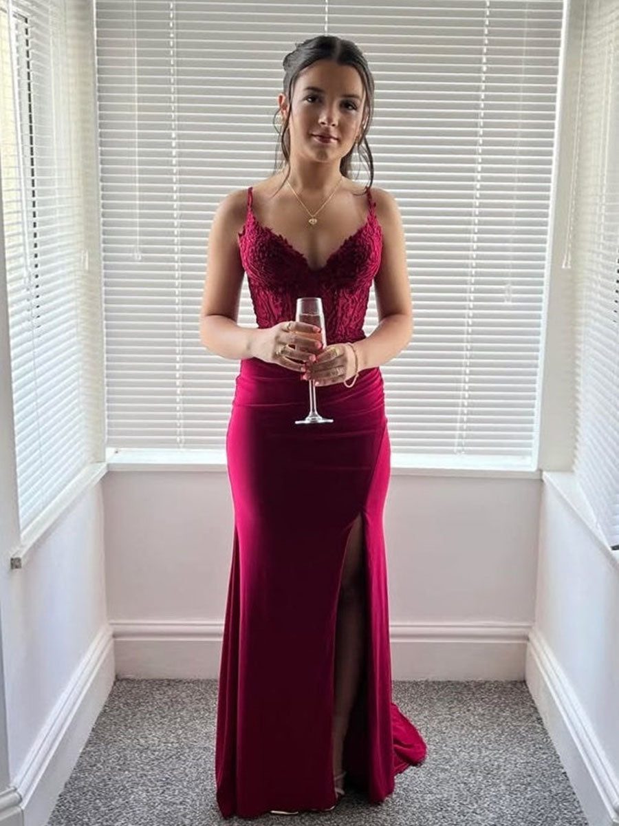 Burgundy Spaghetti Strap Floral Lace Bodice Prom Dress with Slit