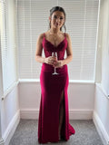 Burgundy Spaghetti Strap Floral Lace Bodice Prom Dress with Slit