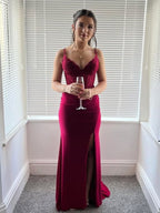Burgundy Spaghetti Strap Floral Lace Bodice Prom Dress with Slit