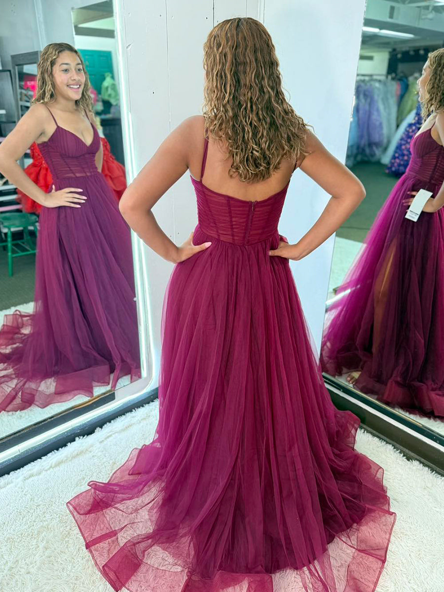 Bordeauxrotes Tüll-Corsagen-A-Linien langes Ballkleid mit hohem Schlitz