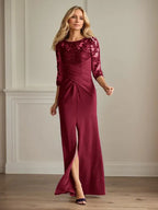 Pflaumenfarbenes eng anliegendes Spitzen Stretch Krepp Kleid für die Brautmutter