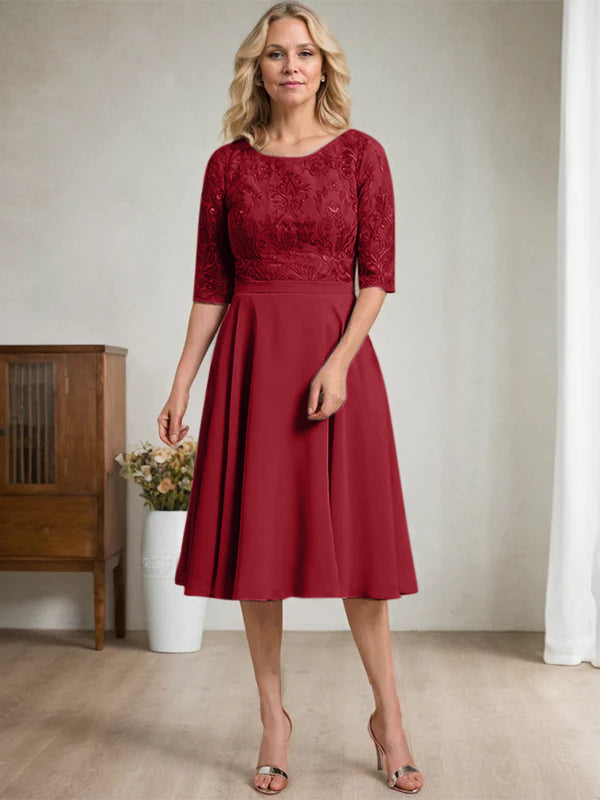 A-Linien Rundhalsausschnitt knielanges Spitzen-Chiffon Kleid für die Mutter der Braut