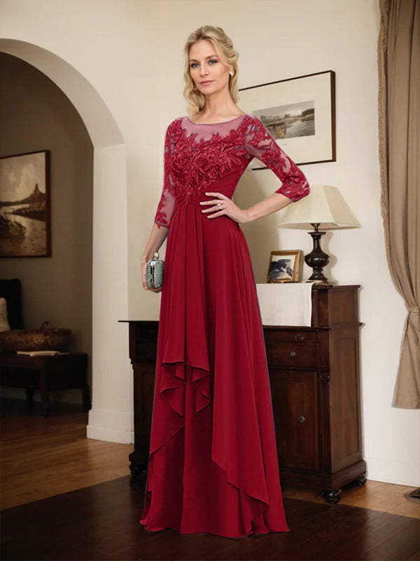 Robe mère de la mariée en ligne A avec col rond illusion, dentelle et chiffon longueur sol avec volants en cascade