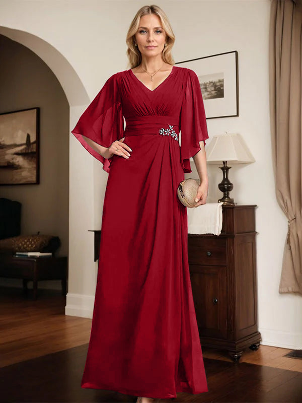 Etuikleid/Säule V-Ausschnitt bodenlanges Chiffon Mutter-der-Braut-Kleid mit plissierten Pailletten und Perlen