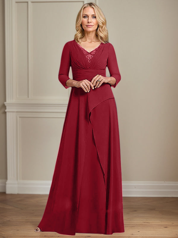 A-Linien Chiffon-Mutter-der-Braut-Kleid mit V-Ausschnitt, bodenlang, plissierte Perlenverzierung