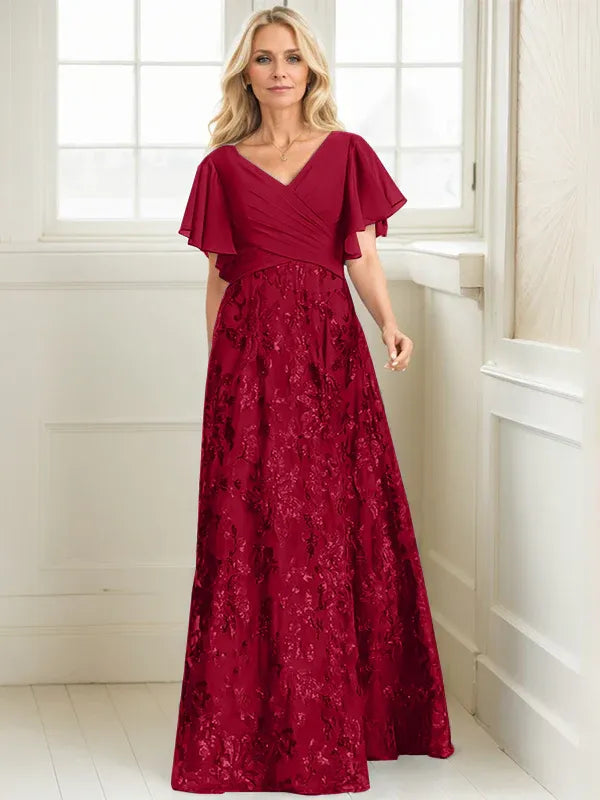 Vestido de madre de la novia en línea A con escote en V, largo hasta el suelo, encaje, lentejuelas y gasa plisada