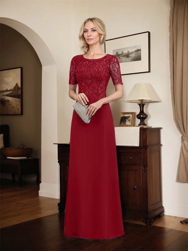 A-Linien Spitzen-Chiffon-Mutter-der-Braut-Kleid mit Rundhalsausschnitt, bodenlang und Pailletten
