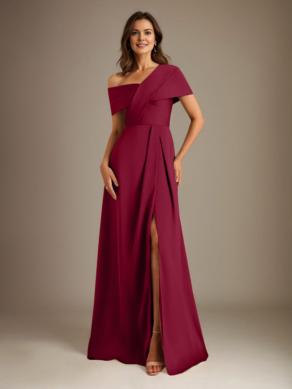 A-Linien asymmetrischer Ausschnitt bodenlanges Satin-Brautkleid für die Brautmutter mit Falten