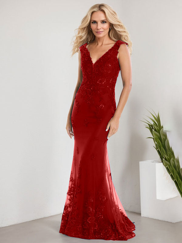 A-Linien V-Ausschnitt bodenlanges Spitzen-Chiffon Kleid für die Brautmutter mit Applikationen und Pailletten Meerjungfrauenkleid