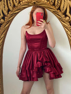 Burgundy A-Line Strapless Tiered Short Homecoming Dress