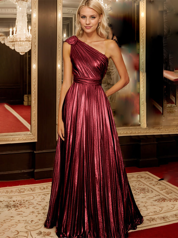 Vestido formal largo dorado línea A plisado metálico con un solo hombro