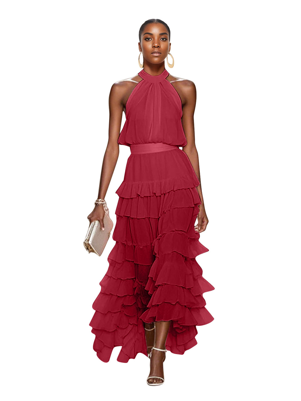A Line Pink Chiffon Halter Neck Sleeveless Ankle Length Dress With Cascading Ruffles