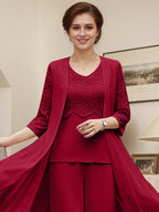Burgundy Separates Jumpsuit/Pantsuit Scoop Floor-Length Chiffon Mother of the Bride Dress
