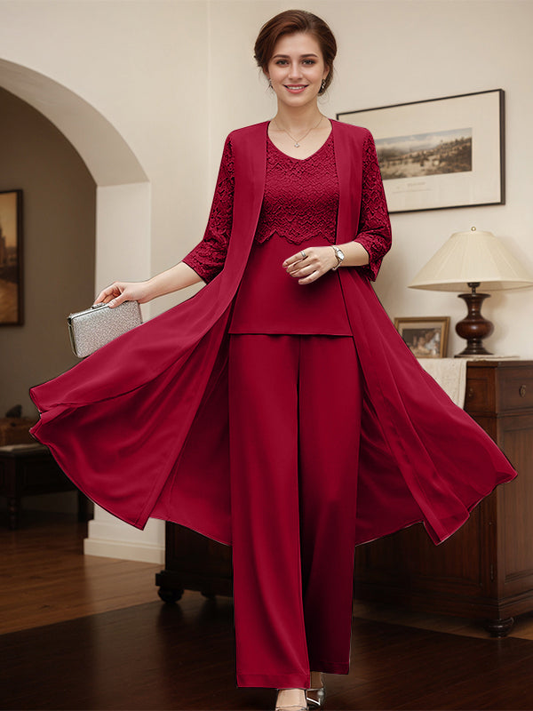 Burgundy Separates Jumpsuit/Pantsuit Scoop Floor-Length Chiffon Mother of the Bride Dress