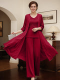 Burgundy Separates Jumpsuit/Pantsuit Scoop Floor-Length Chiffon Mother of the Bride Dress