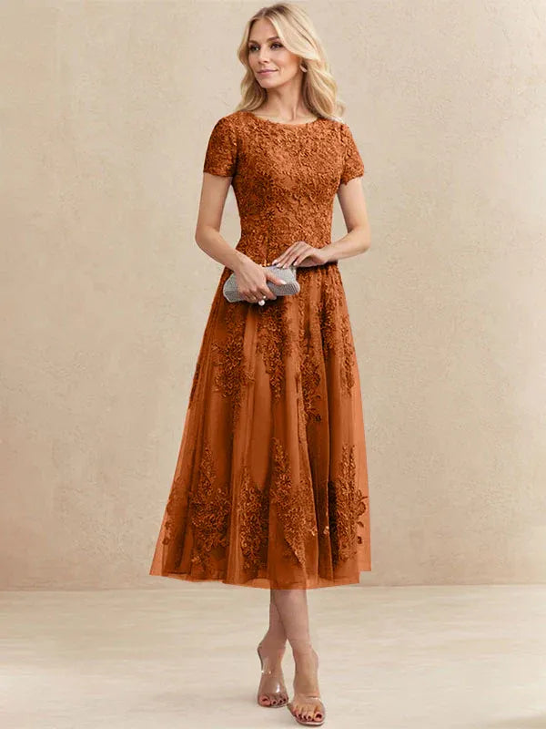 Robe de mère de la mariée A-line en tulle et dentelle, col arrondi, longueur thé