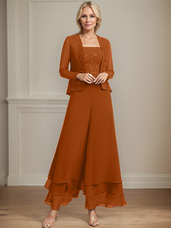 Zweiteiler Jumpsuit/Hosenanzug quadratisch knöchellang Spitze Chiffon Brautmutterkleid mit Pailletten