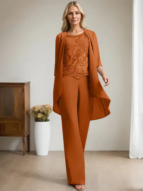 Zweiteiler Jumpsuit/Hosenanzug mit Rundhalsausschnitt, bodenlanges Chiffon-Spitzenkleid für die Mutter der Braut mit Perlen und Pailletten