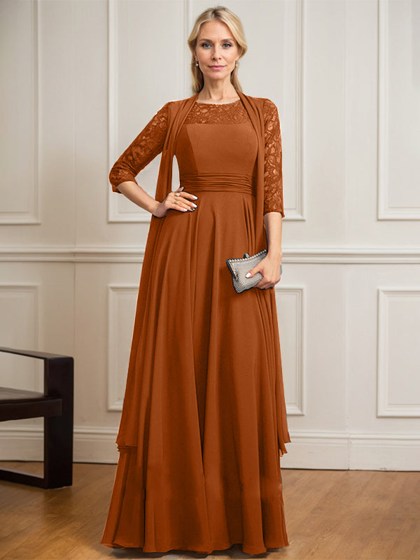 A-Linien Kleid mit Rundhalsausschnitt, Illusion, bodenlang aus Spitze und Chiffon, Mutter-der-Braut-Kleid mit Faltenwurf