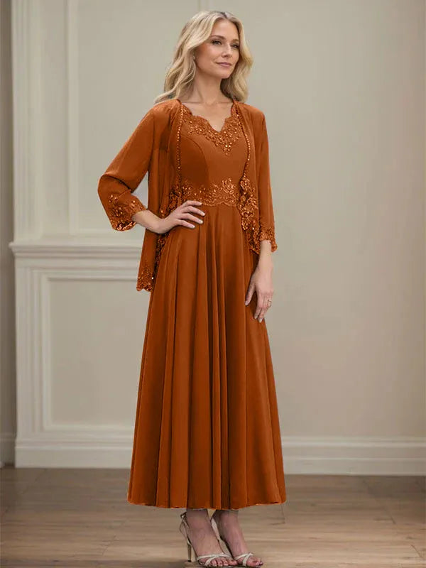 A-Linien Kleid mit V-Ausschnitt, knöchellang, aus Chiffon, Mutter der Braut Kleid mit Pailletten, Applikationen, Spitze und Perlenbesatz