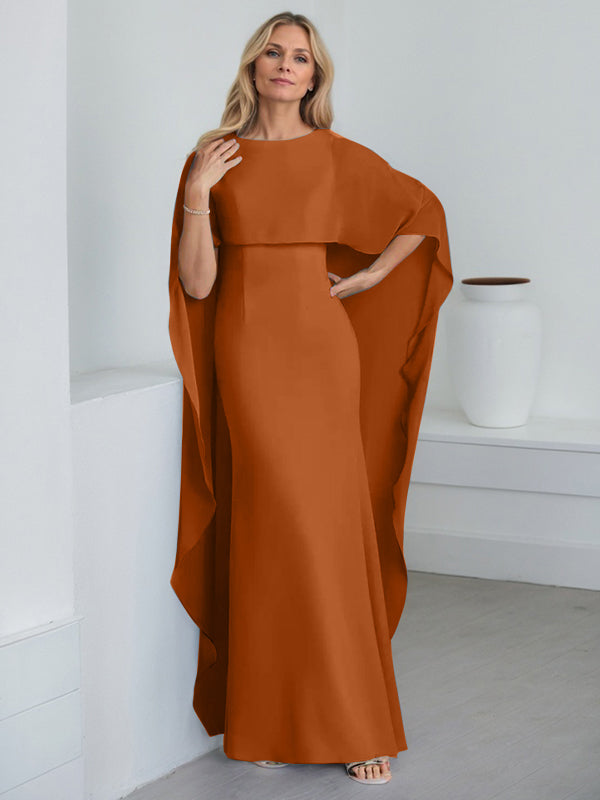 Etui-Kleid mit Rundhalsausschnitt, bodenlang, Chiffon, Mutter-der-Braut-Kleid mit kaskadierenden Rüschen