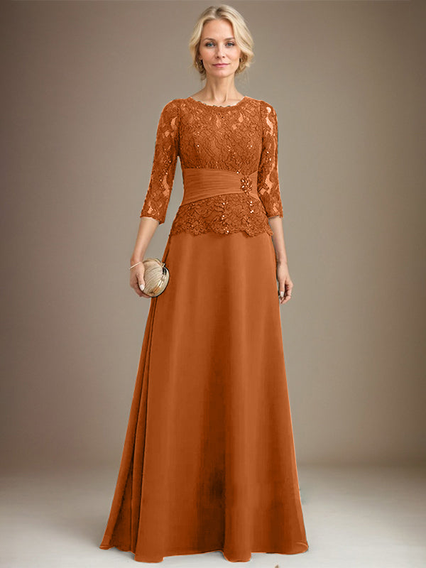 A-Linien Kleid mit Scoop-Ausschnitt, Illusion, bodenlangem Chiffon und Spitze, Mutter-der-Braut-Kleid mit plissierten Pailletten und Perlenbesatz