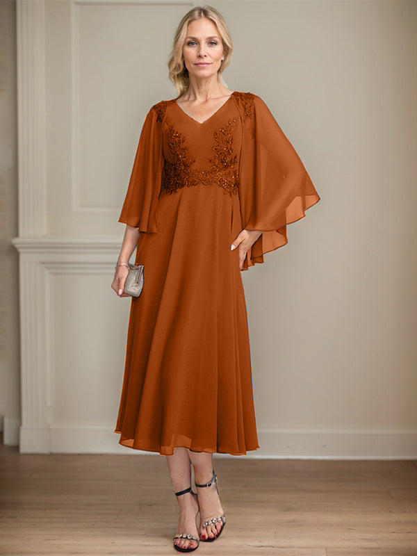 A-Linien-Brautmutterkleid aus Chiffon, V-Ausschnitt, tea-length mit Spitze, Pailletten und Perlen