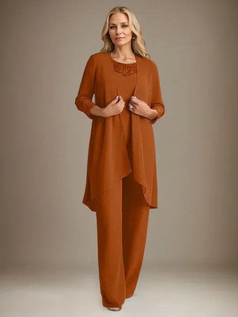 Chiffon Kleid mit Rundhalsausschnitt und langen Ärmeln, Mutter-der-Braut Hosenanzug mit Jacke