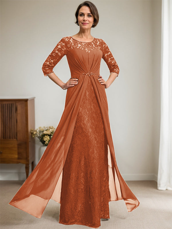 A-Linien Rundhalsausschnitt Illusions-Bodenlanges Spitzen-Chiffonkleid für die Brautmutter mit Perlen und Volants