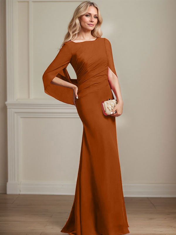 Trompeten-/Meerjungfrauen-Chiffonkleid mit Bootsausschnitt, bodenlang, plissiert, Brautmutterkleid