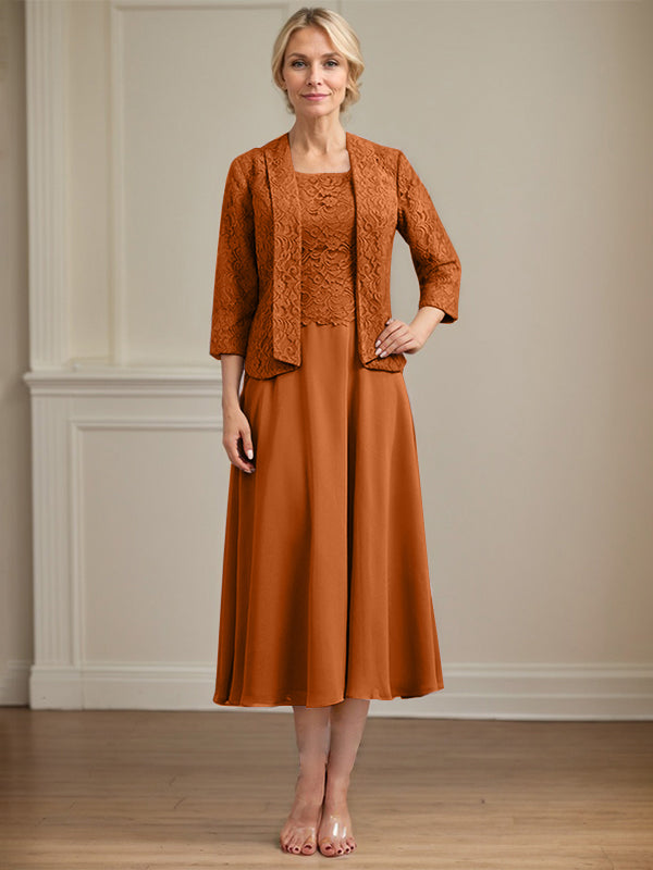 A-Linien Kleid mit Rundhalsausschnitt, tea-länge, Spitze und Chiffon, Mutter der Braut Kleid