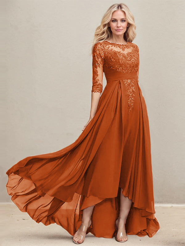 A-Linien Ausschnitt Illusions Asymmetrisches Spitzen-Chiffon Kleid für die Mutter der Braut mit plissierten Pailletten