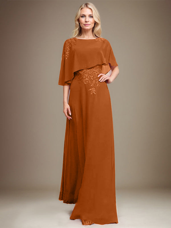 A-Linie Rundhals Bodenlanges Chiffon-Spitzenkleid für die Brautmutter mit Pailletten und Perlen