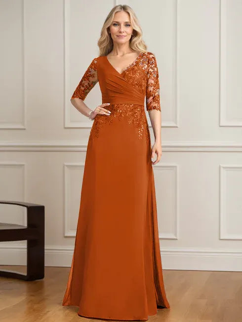 A-Linien V-Ausschnitt bodenlanges Spitzen-Chiffon Kleid der Brautmutter mit plissierten Pailletten