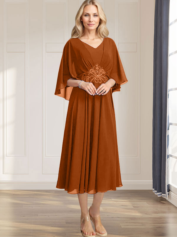 Robe de mère de la mariée en mousseline, longueur thé, col en V, en ligne A, avec appliques plissées, sequins, dentelle et perles