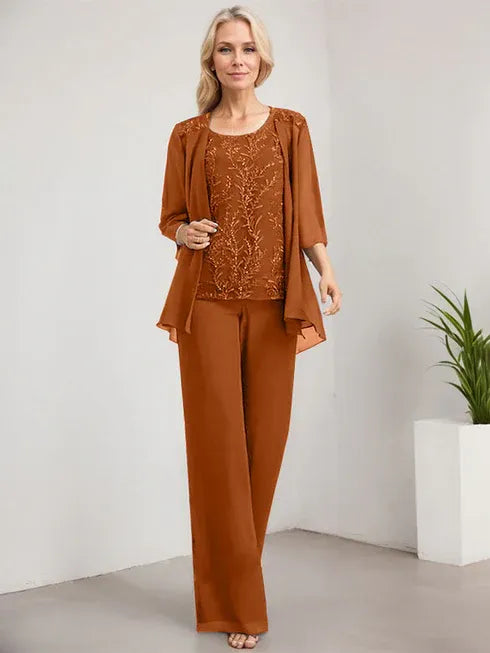 Zweiteiler Jumpsuit/Hosenanzug U-Ausschnitt bodenlanges Spitzen Chiffon Mutter der Braut Kleid mit Pailletten
