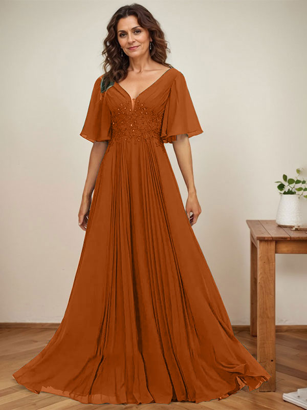 A-Linien V-Ausschnitt bodenlanges Chiffon Mutterkleid der Braut mit Pailletten-Applikationen, Spitze und Falten