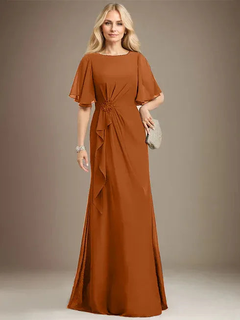 A-Linien Rundhals bodenlanges Chiffon Mutter der Braut Kleid mit kaskadierenden Rüschen Perlen Pailletten