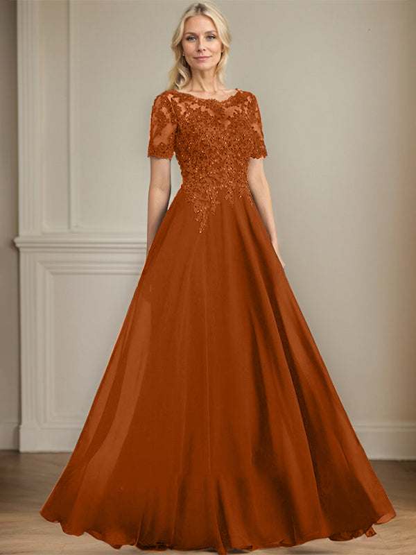 A-Linien Rundhals Illusions-Bodenlanges Chiffon-Spitzenkleid für die Mutter der Braut mit Pailletten und Perlen