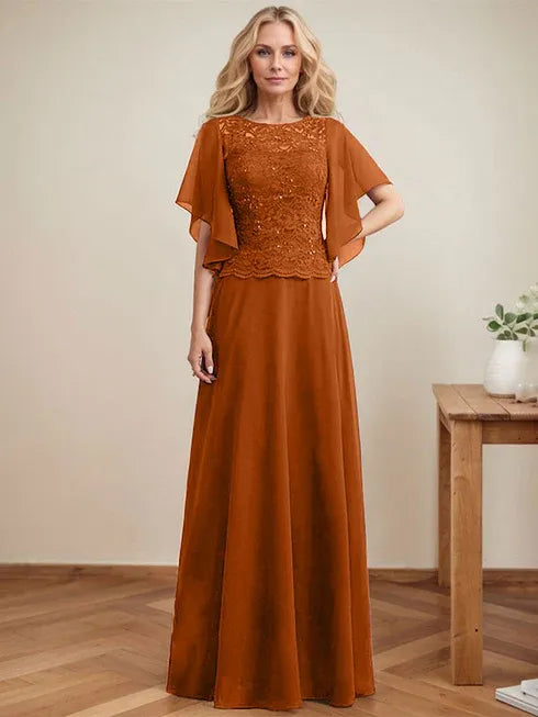 A-Linien Rundhals Illusions-Bodenlanges Spitzen-Chiffon Mutter-der-Braut-Kleid mit Pailletten
