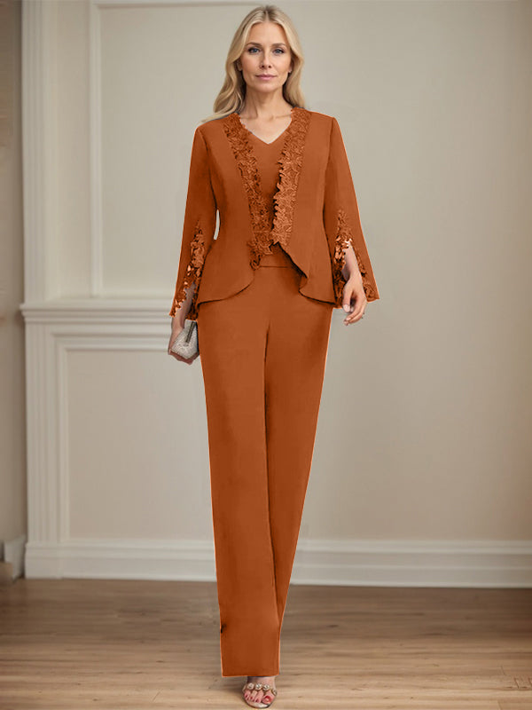 Zweiteiler Jumpsuit/Hosenanzug V-Ausschnitt bodenlanges Chiffon Mutter der Braut Kleid