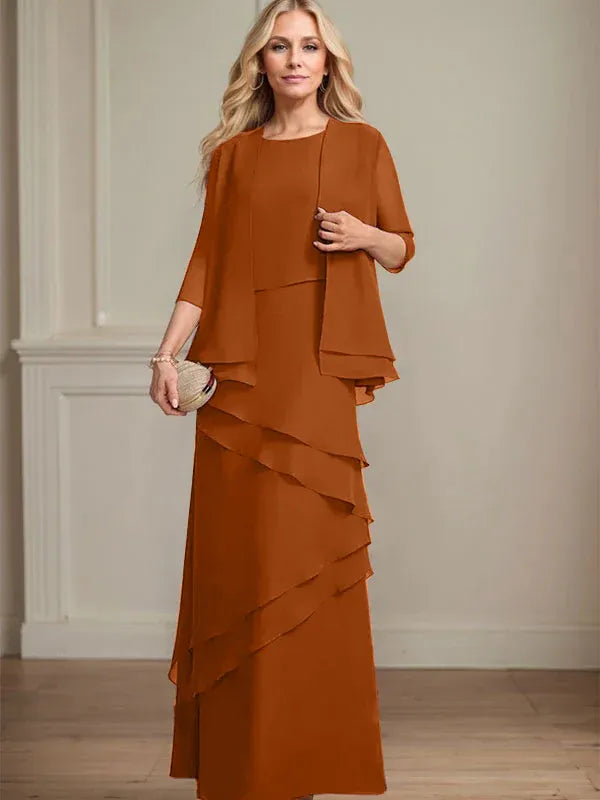 Abito da madre della sposa in chiffon a colonna con scollatura a U e lunghezza fino a terra