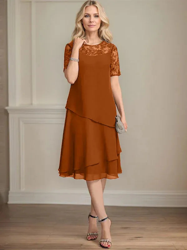 A-Linien Rundhals Illusions-Knie-Länge Spitzen-Chiffon Kleid für die Brautmutter mit Pailletten