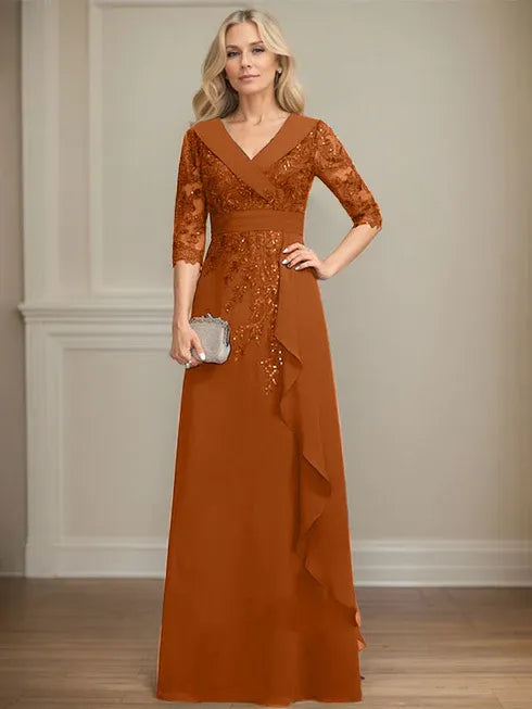 A-Linien Kleid mit Kragen, V-Ausschnitt, bodenlang, aus Spitze und Chiffon, Mutter der Braut Kleid mit Pailletten und fallenden Rüschen